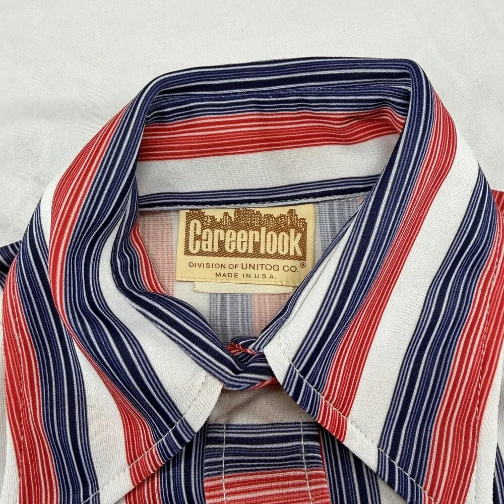 Vintage Careerlook Shirt Mens Small Red White Blue Stripe Union Made USA 70s